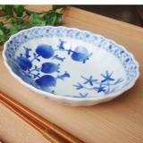 (欠品中 5月下旬頃入荷予定)藍ブルーロマンス　格子草紋　楕円菊鉢